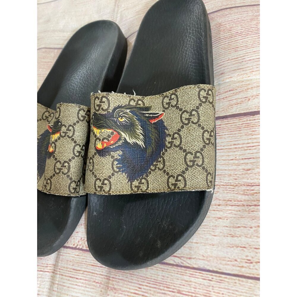 Gucci Men's Authentic Wolf GG Logo Print Brown Black Sandals Slides - 9 - Picture 3 of 16